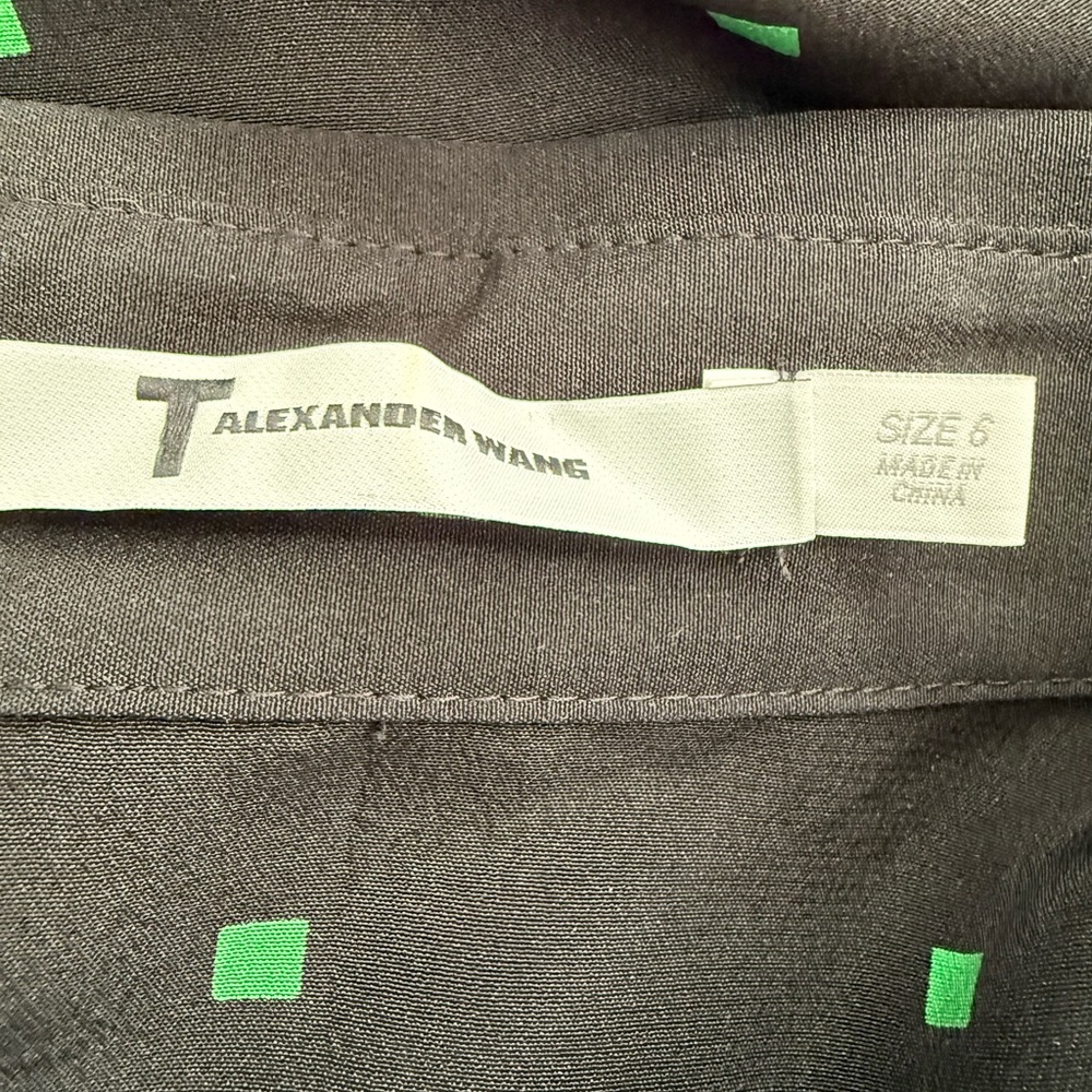 Alexander Wang Silk Black Green Dot Twist Front Collared Cropped Shirt Size 6 - Picture 3 of 5